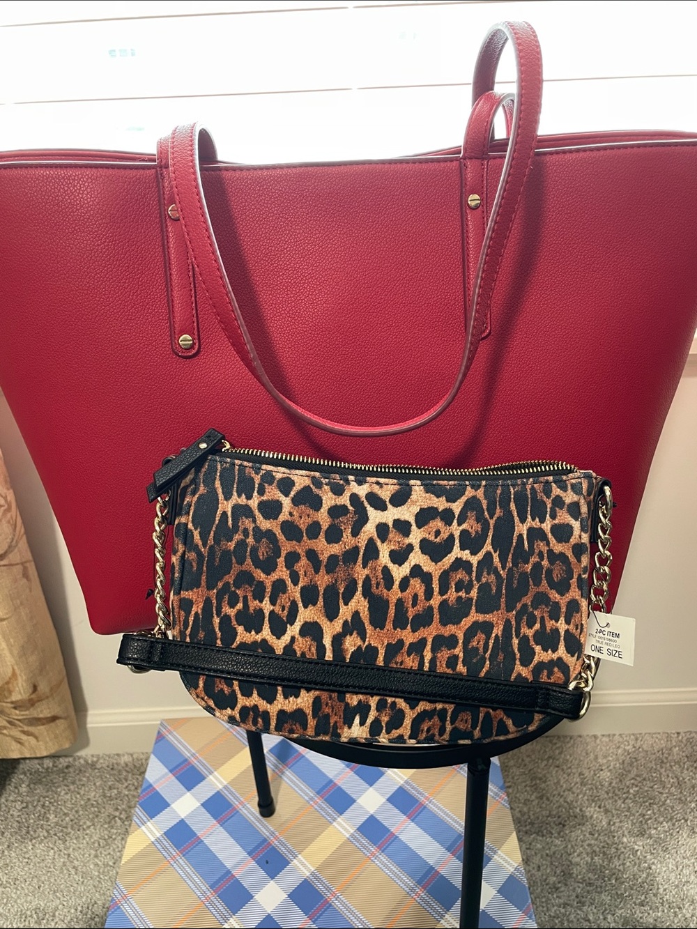 International Concepts Red Tote Shoulder Bag with Leopard Pouch